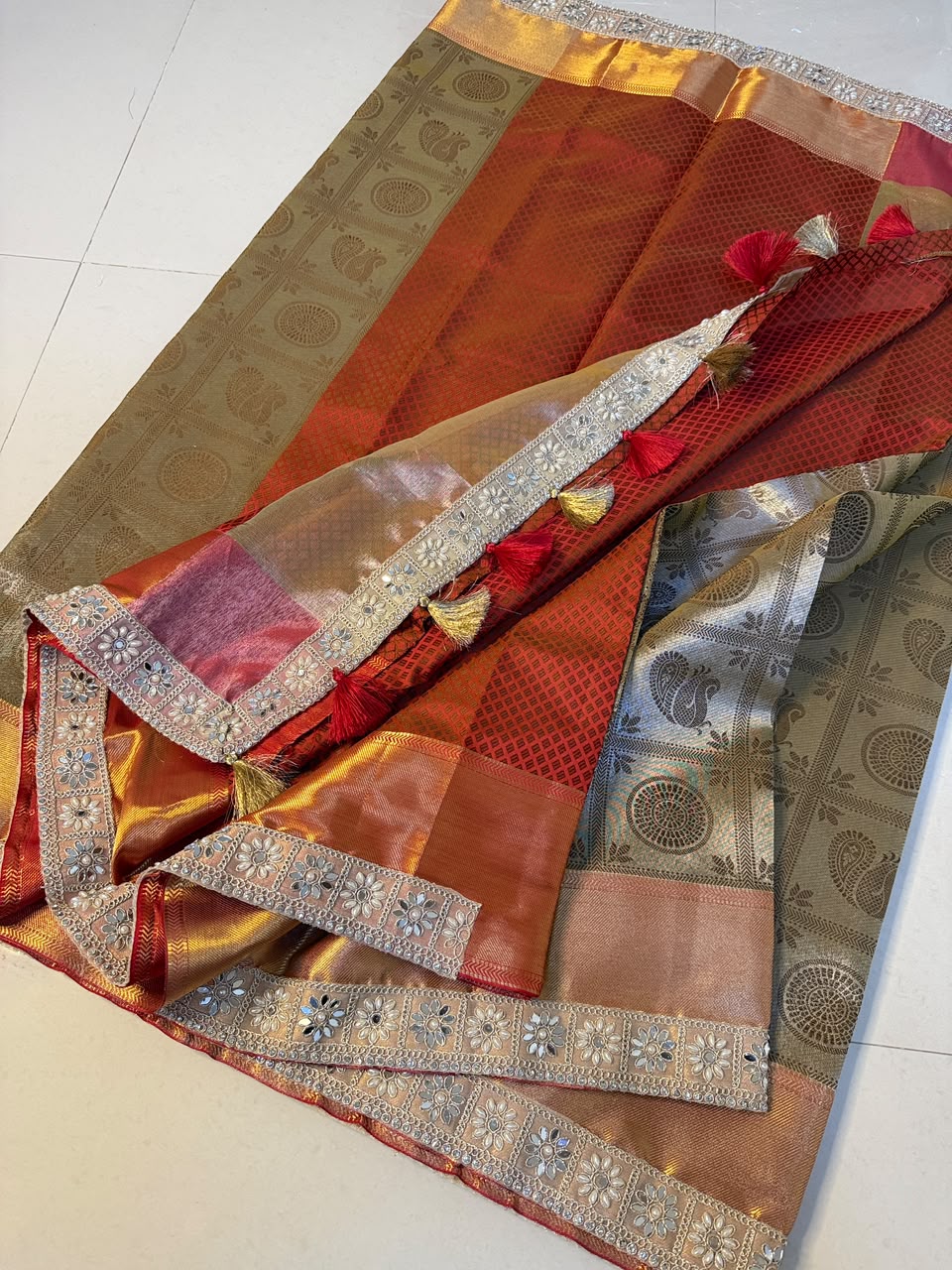 Semi katan tissue super soft with Kundan border