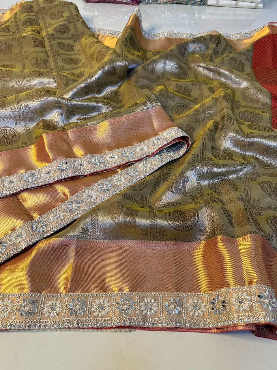 Semi katan tissue super soft with Kundan border