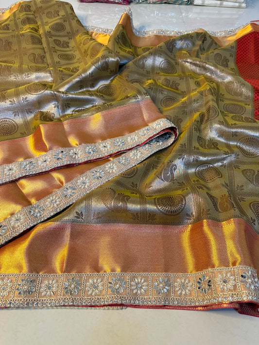 Semi katan tissue super soft with Kundan border