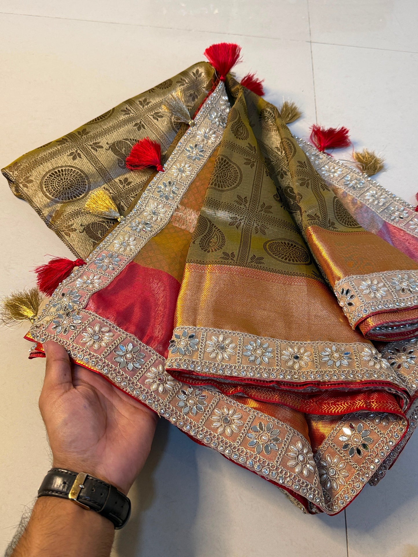 Semi katan tissue super soft with Kundan border